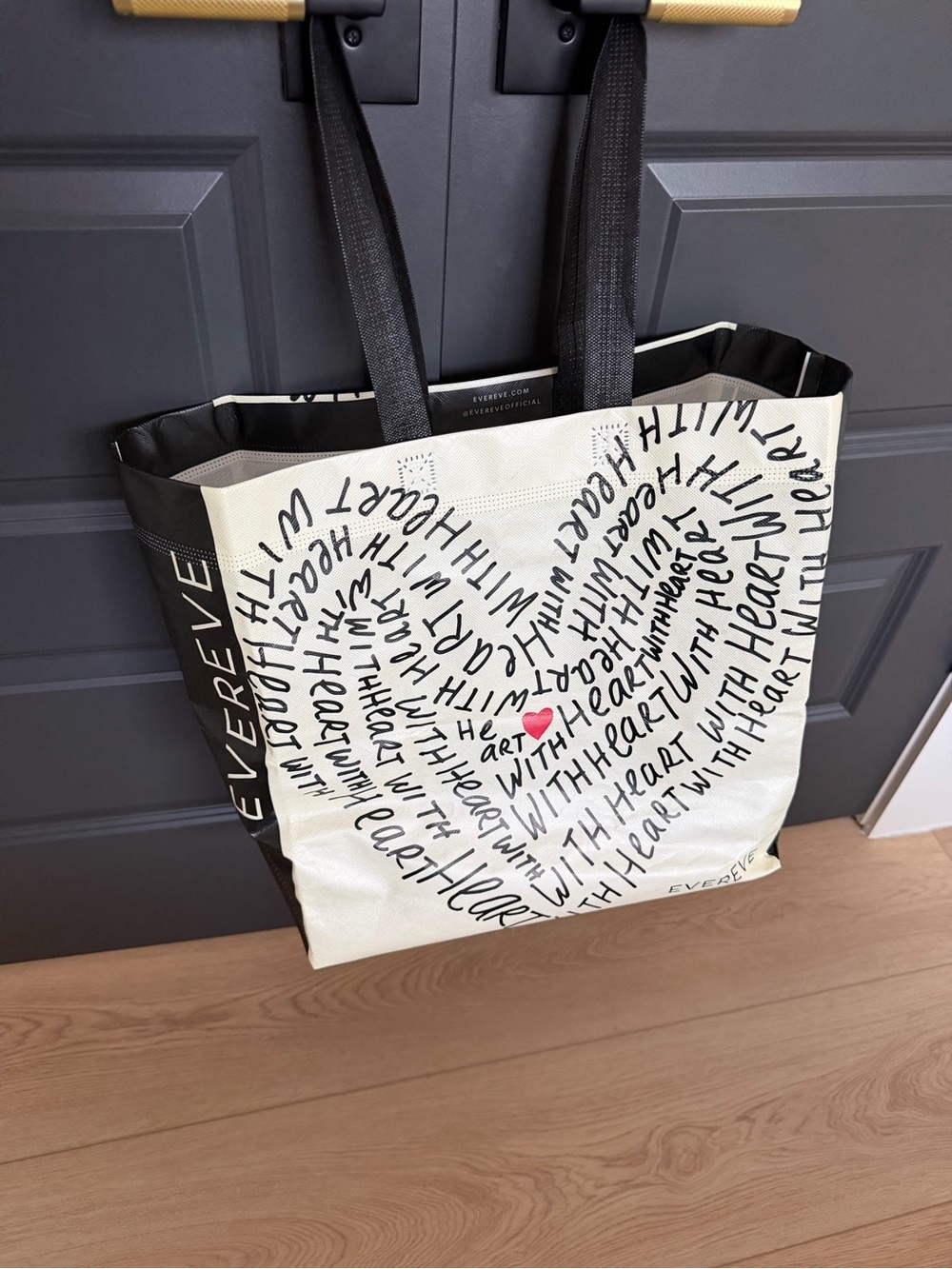 Evereve Cream Tote with Black Script & Red Heart